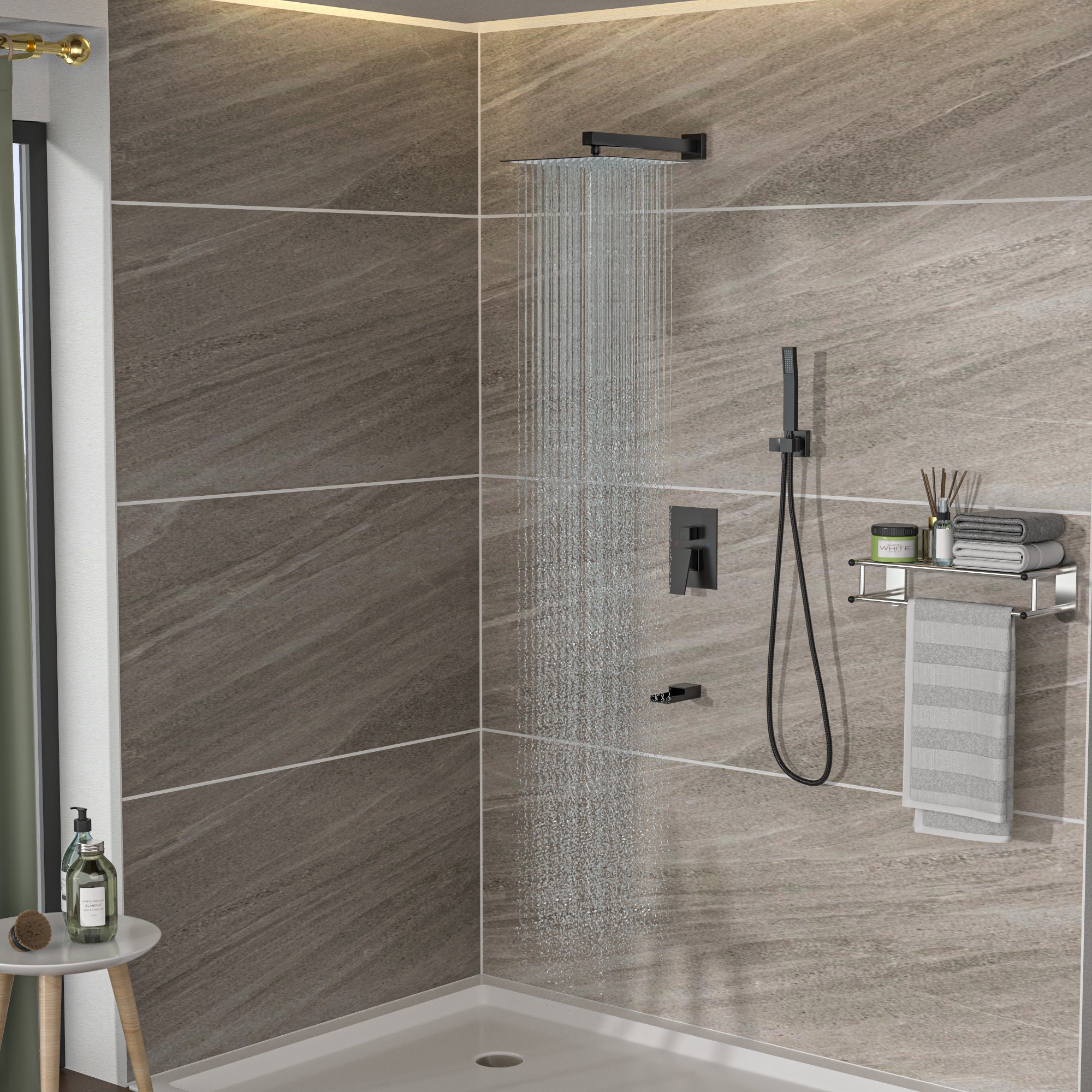 Lostcat Shower System with Waterfall Tub Spout,12 Inch Ceiling Mount Square Shower System with Rough-in Valve,Matte black