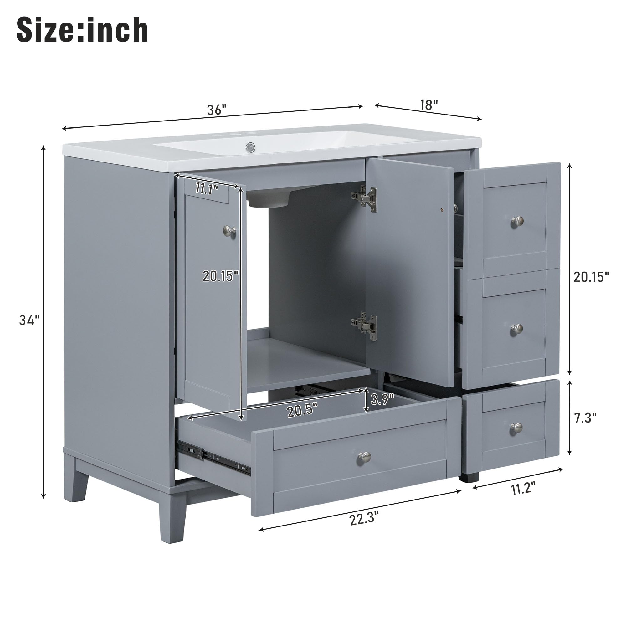Lostcat 36inch Modern Bathroom Vanity with USB Charging,2 Doors and 3 Drawers Bathroom Storage Vanity Cabinet,Easy Assmebly,Small Bathroom Vanity Cabinet with Single Sink(Gray Blue)