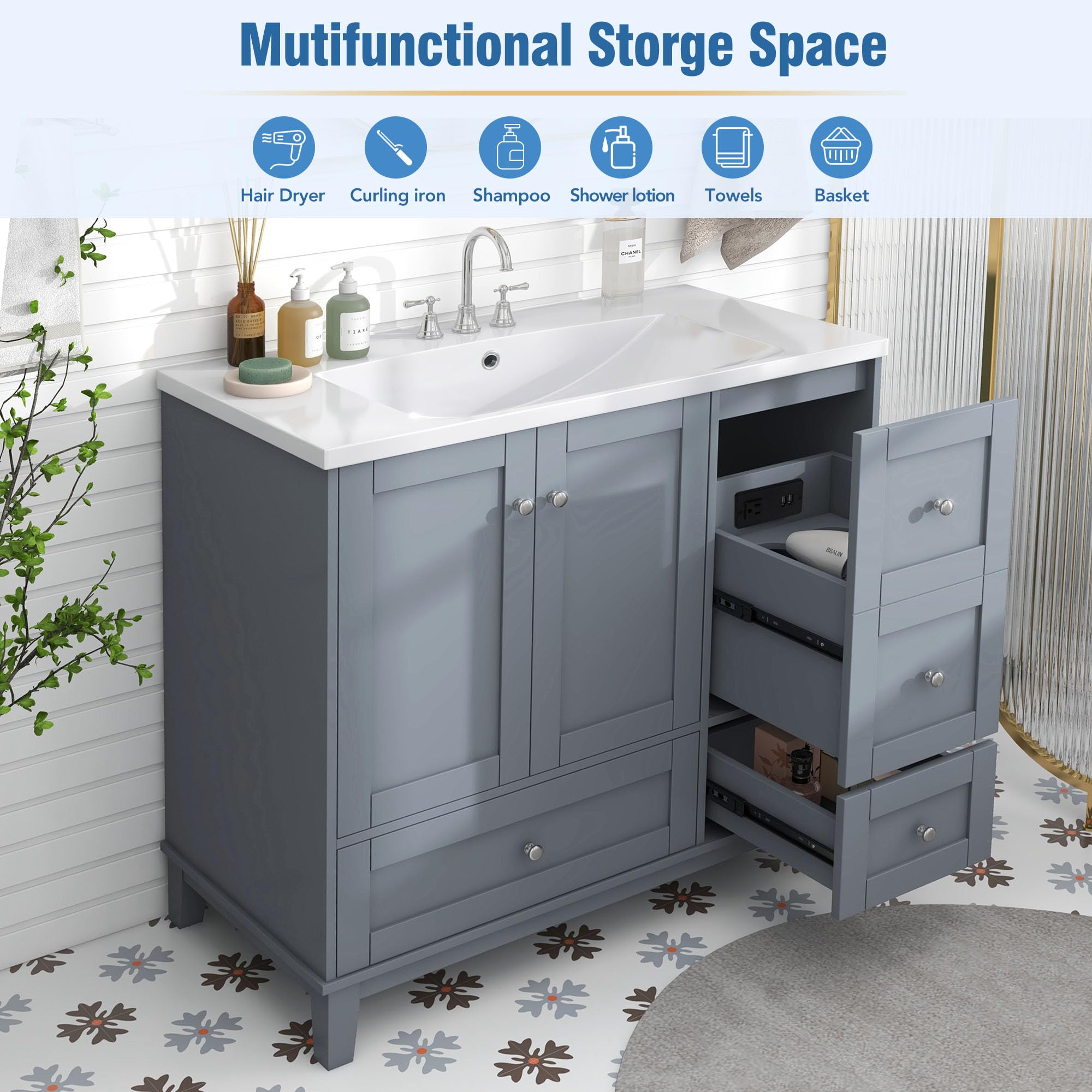 Lostcat 36inch Modern Bathroom Vanity with USB Charging,2 Doors and 3 Drawers Bathroom Storage Vanity Cabinet,Easy Assmebly,Small Bathroom Vanity Cabinet with Single Sink(Gray Blue)