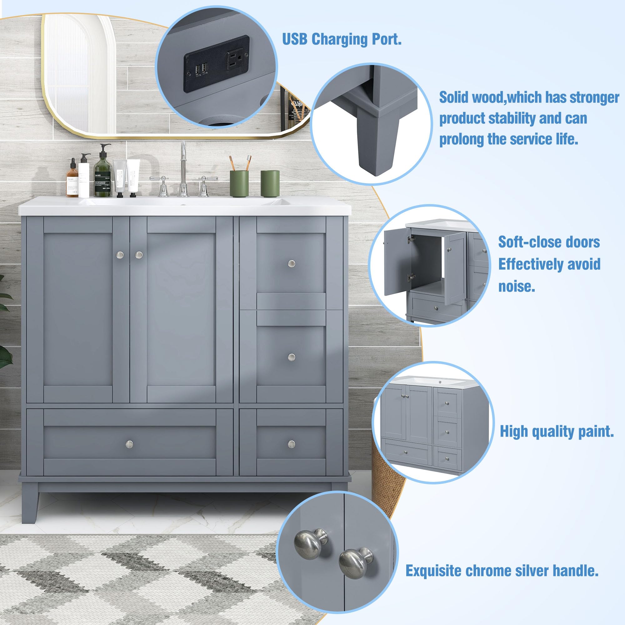 Lostcat 36inch Modern Bathroom Vanity with USB Charging,2 Doors and 3 Drawers Bathroom Storage Vanity Cabinet,Easy Assmebly,Small Bathroom Vanity Cabinet with Single Sink(Gray Blue)