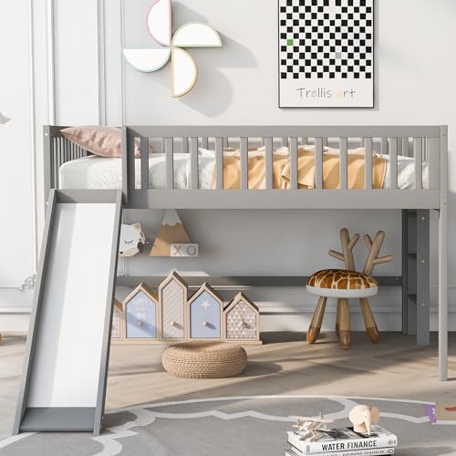 Lostcat Full Size Low Loft Bed with Slide, Solid Wood Bedframe with Safety Guardrail and Ladder, Wood Junior Loft Beds Frame with Ladder for Girls Boys Toddlers, No Box Spring Needed, Grey - Lostcat