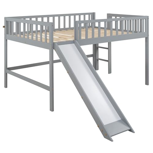 Lostcat Full Size Low Loft Bed with Slide, Solid Wood Bedframe with Safety Guardrail and Ladder, Wood Junior Loft Beds Frame with Ladder for Girls Boys Toddlers, No Box Spring Needed, Grey - Lostcat