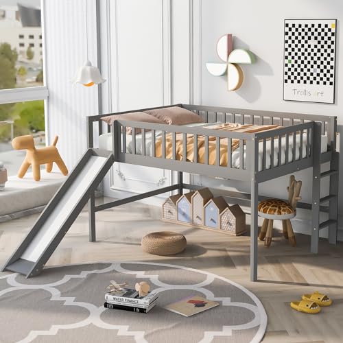 Lostcat Full Size Low Loft Bed with Slide, Solid Wood Bedframe with Safety Guardrail and Ladder, Wood Junior Loft Beds Frame with Ladder for Girls Boys Toddlers, No Box Spring Needed, Grey - Lostcat