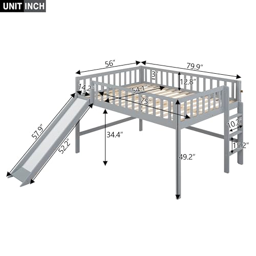 Lostcat Full Size Low Loft Bed with Slide, Solid Wood Bedframe with Safety Guardrail and Ladder, Wood Junior Loft Beds Frame with Ladder for Girls Boys Toddlers, No Box Spring Needed, Grey - Lostcat