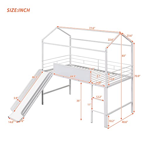 Lostcat House Loft Bed with Convertible Slide, House Metal Bunk Bed with Safety Guardrail, Ladder and Two-Sided Writable Wooden Board, No Box Spring Needed, Suitable for Girls Boys, White - Lostcat