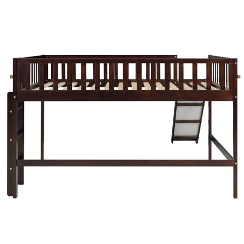Lostcat Low Loft Bed with Slide, Full Size Solid Wood Bedframe with Safety Guardrail and Ladder, Wood Junior Loft Beds Frame with Ladder for Girls Boys Toddlers, No Box Spring Needed, Espresso - Lostcat