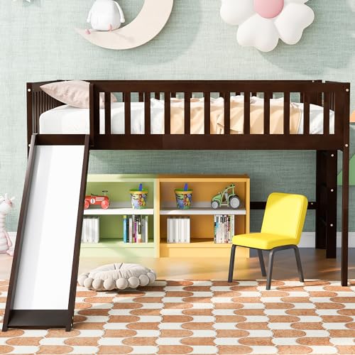 Lostcat Low Loft Bed with Slide, Full Size Solid Wood Bedframe with Safety Guardrail and Ladder, Wood Junior Loft Beds Frame with Ladder for Girls Boys Toddlers, No Box Spring Needed, Espresso - Lostcat