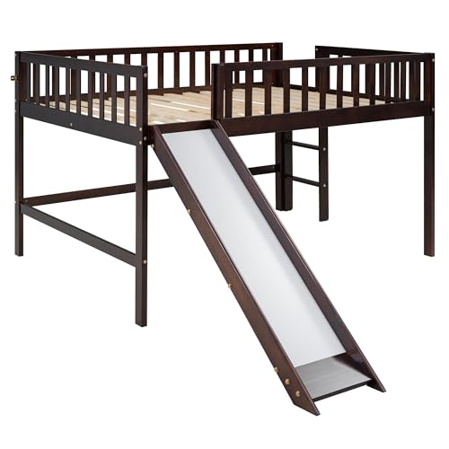 Lostcat Low Loft Bed with Slide, Full Size Solid Wood Bedframe with Safety Guardrail and Ladder, Wood Junior Loft Beds Frame with Ladder for Girls Boys Toddlers, No Box Spring Needed, Espresso - Lostcat