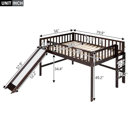 Lostcat Low Loft Bed with Slide, Full Size Solid Wood Bedframe with Safety Guardrail and Ladder, Wood Junior Loft Beds Frame with Ladder for Girls Boys Toddlers, No Box Spring Needed, Espresso - Lostcat