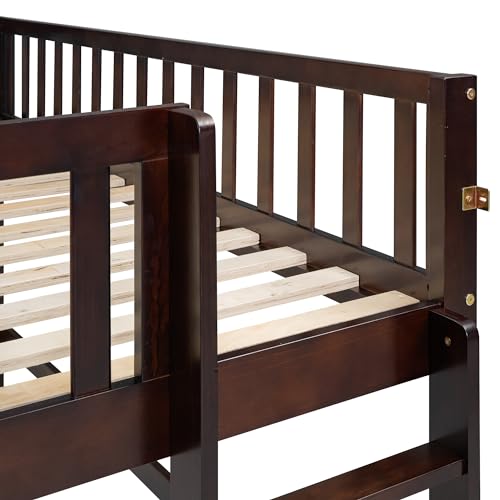 Lostcat Low Loft Bed with Slide, Full Size Solid Wood Bedframe with Safety Guardrail and Ladder, Wood Junior Loft Beds Frame with Ladder for Girls Boys Toddlers, No Box Spring Needed, Espresso - Lostcat