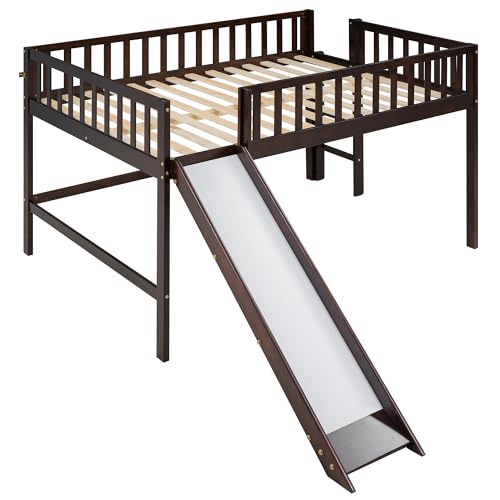 Lostcat Low Loft Bed with Slide, Full Size Solid Wood Bedframe with Safety Guardrail and Ladder, Wood Junior Loft Beds Frame with Ladder for Girls Boys Toddlers, No Box Spring Needed, Espresso - Lostcat