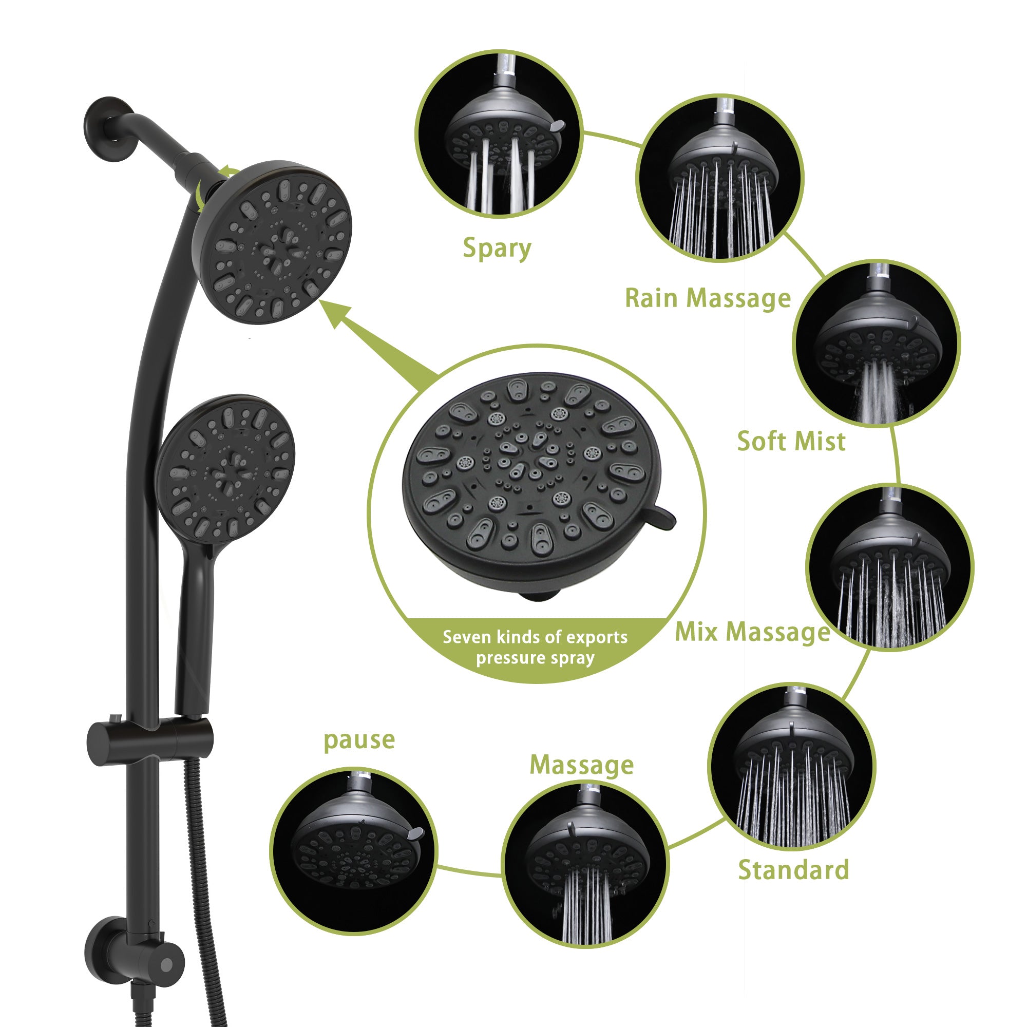 Lostcat Multi Function Dual Shower Head - Shower System with 4.7" Rain Showerhead, 7-Function Hand Shower, Adjustable Slide Bar,Matte Black