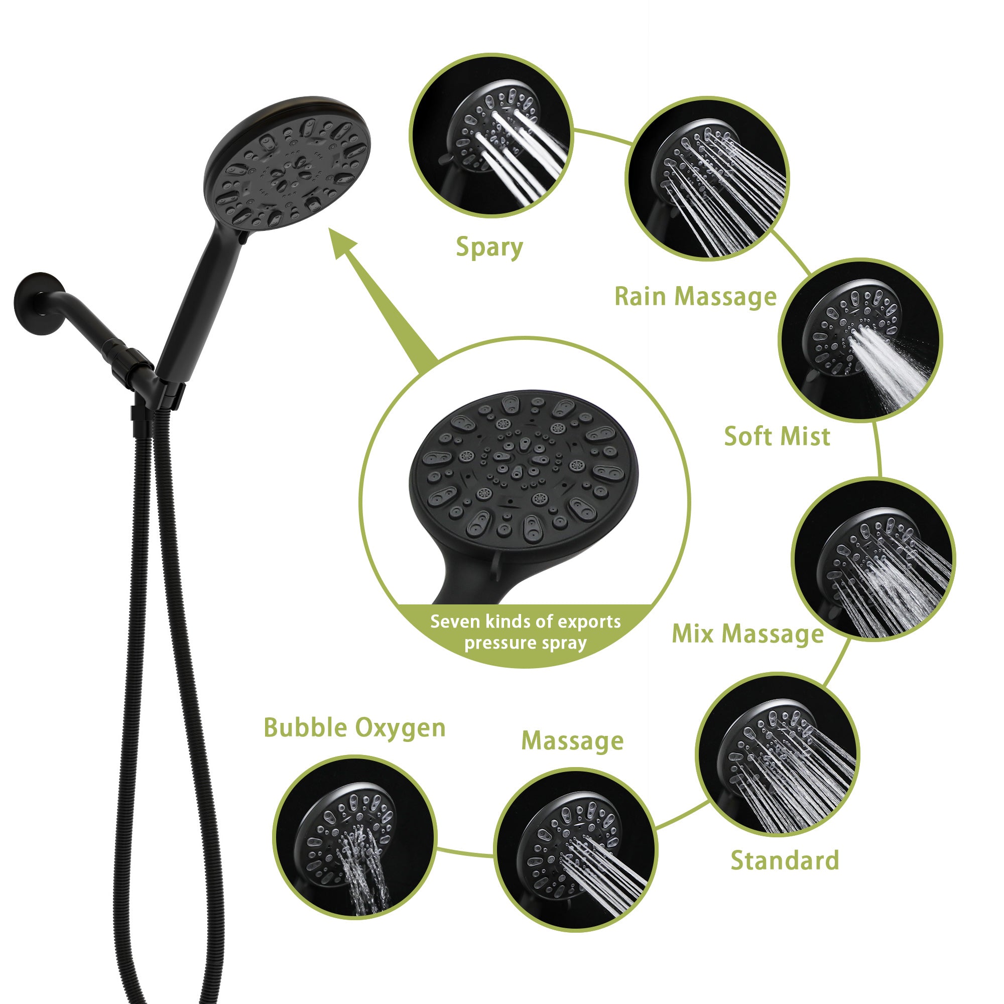 Lostcat Multi Function Adjustable Hand Shower - 7-Function Hand Shower, Matte Black