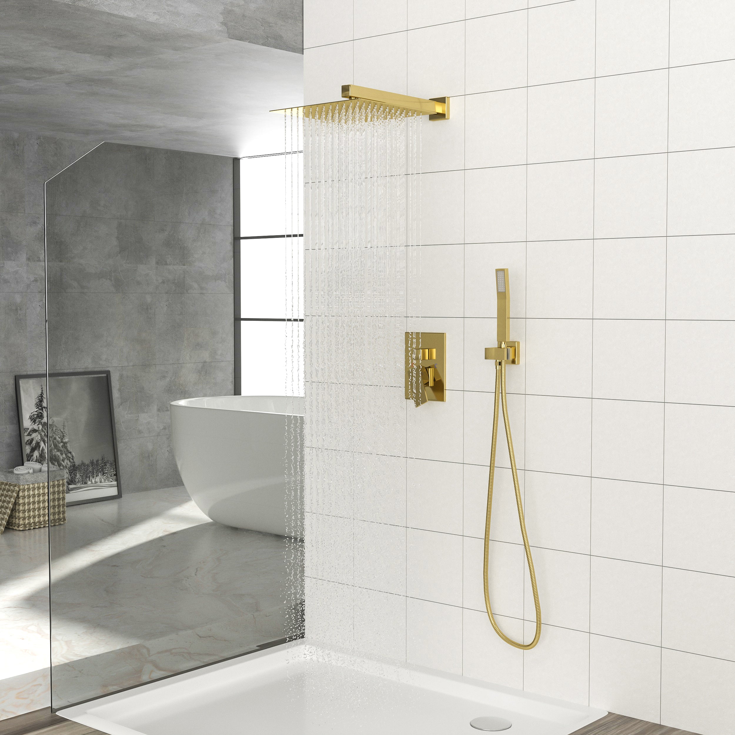 Lostcat Dual Shower Head - 10 Inch Wall Mounted Square Shower System with Rough-in Valve,Gold