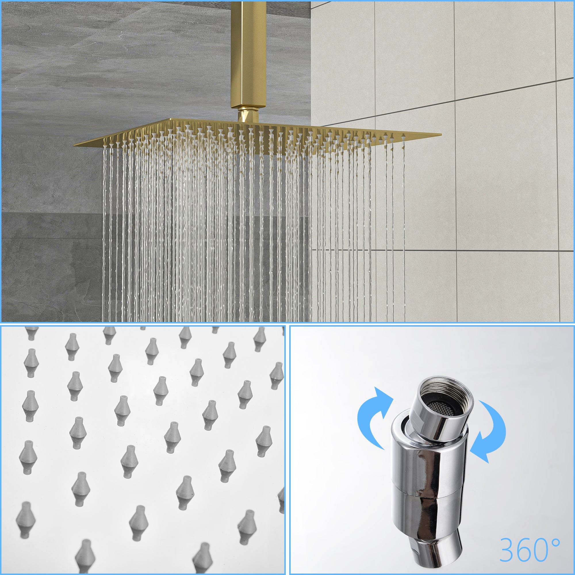 Lostcat Dual Shower Head - 12 Inch Ceiling Mount Square Shower System with Rough-in Valve, Gold