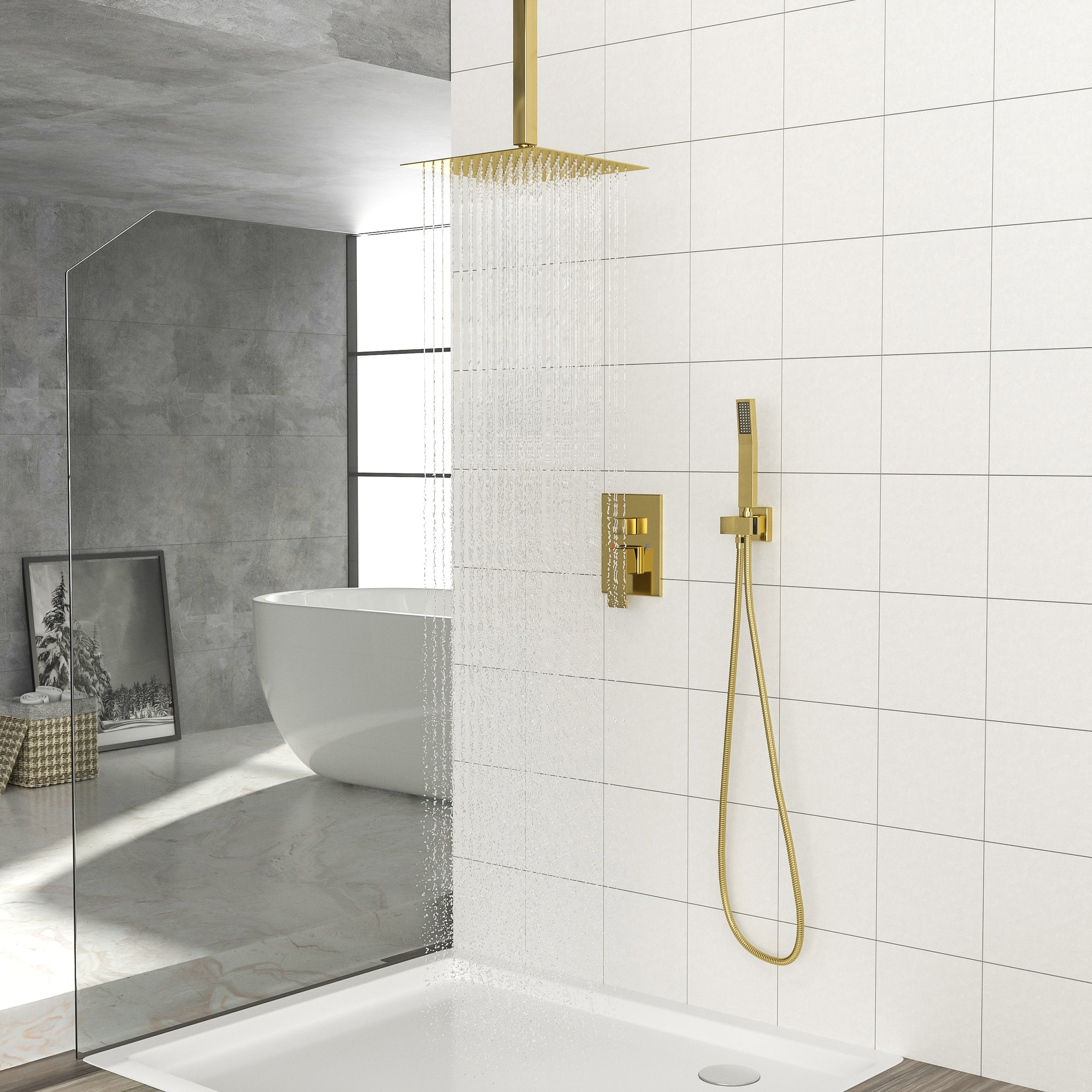 Lostcat Dual Shower Head - 12 Inch Ceiling Mount Square Shower System with Rough-in Valve, Gold