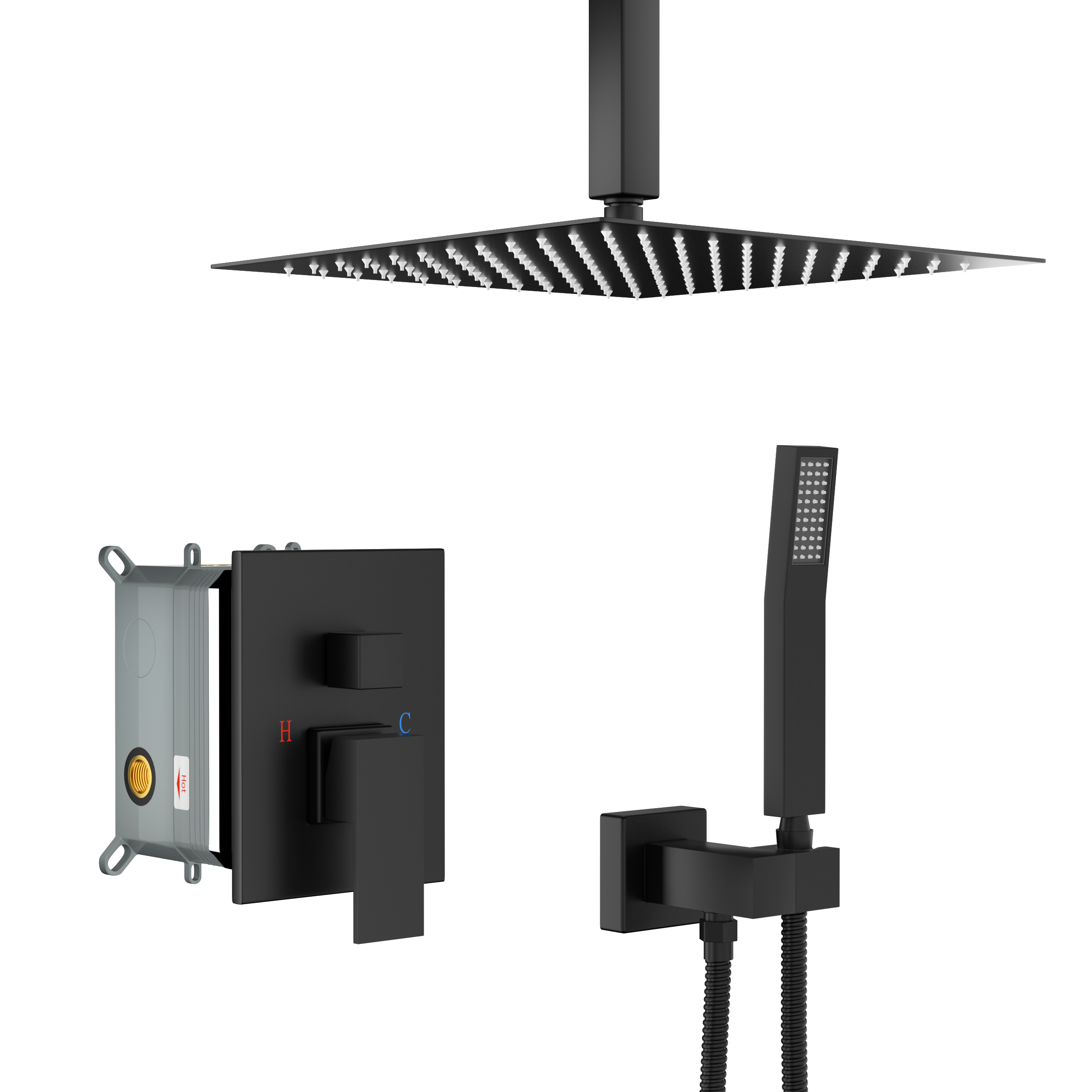 Lostcat Dual Shower Head - 12 Inch Ceiling Mount Square Shower System with Rough-in Valve,Matte black