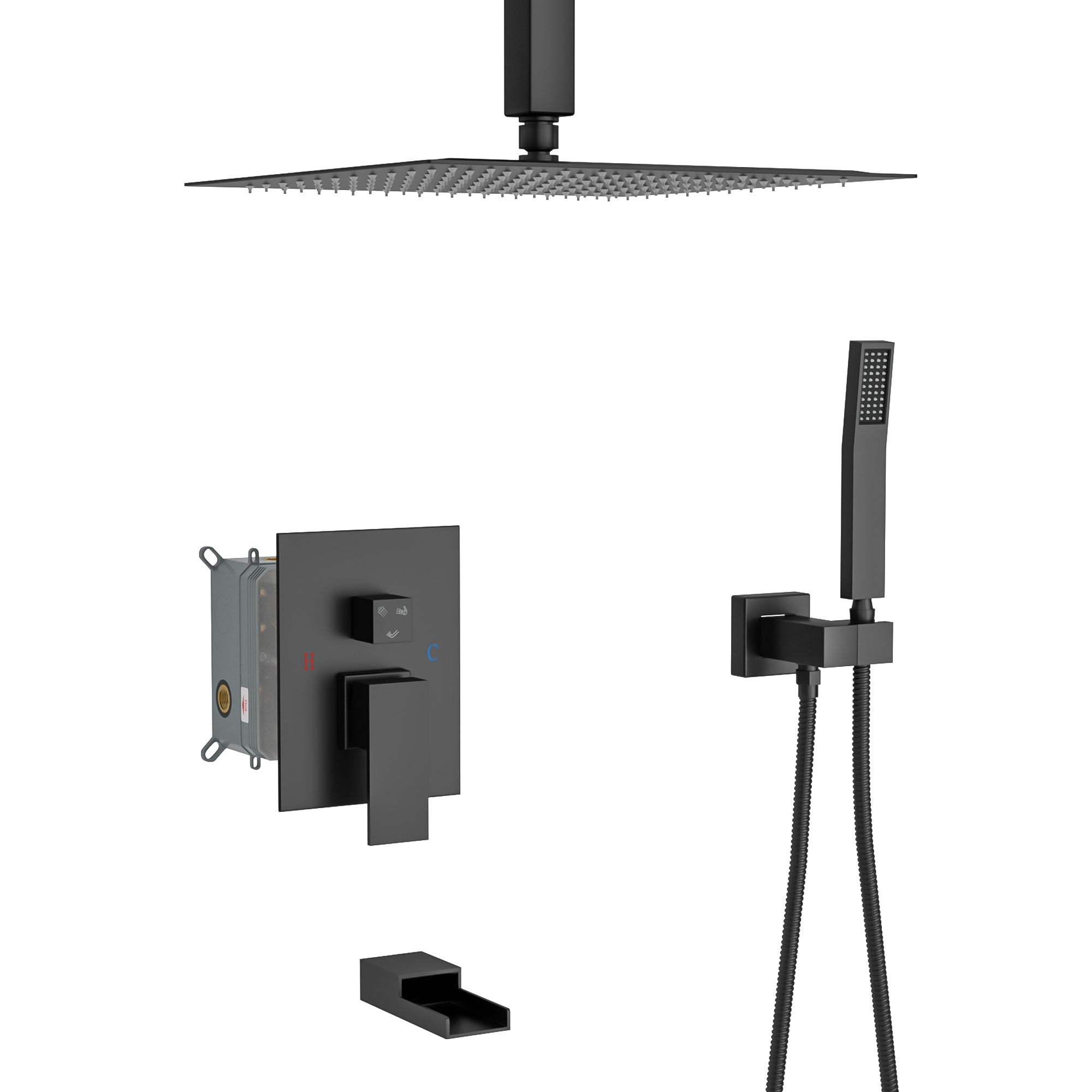 Lostcat Shower System with Waterfall Tub Spout,16 Inch Ceiling Mount Square Shower System with Rough-in Valve,Matte black