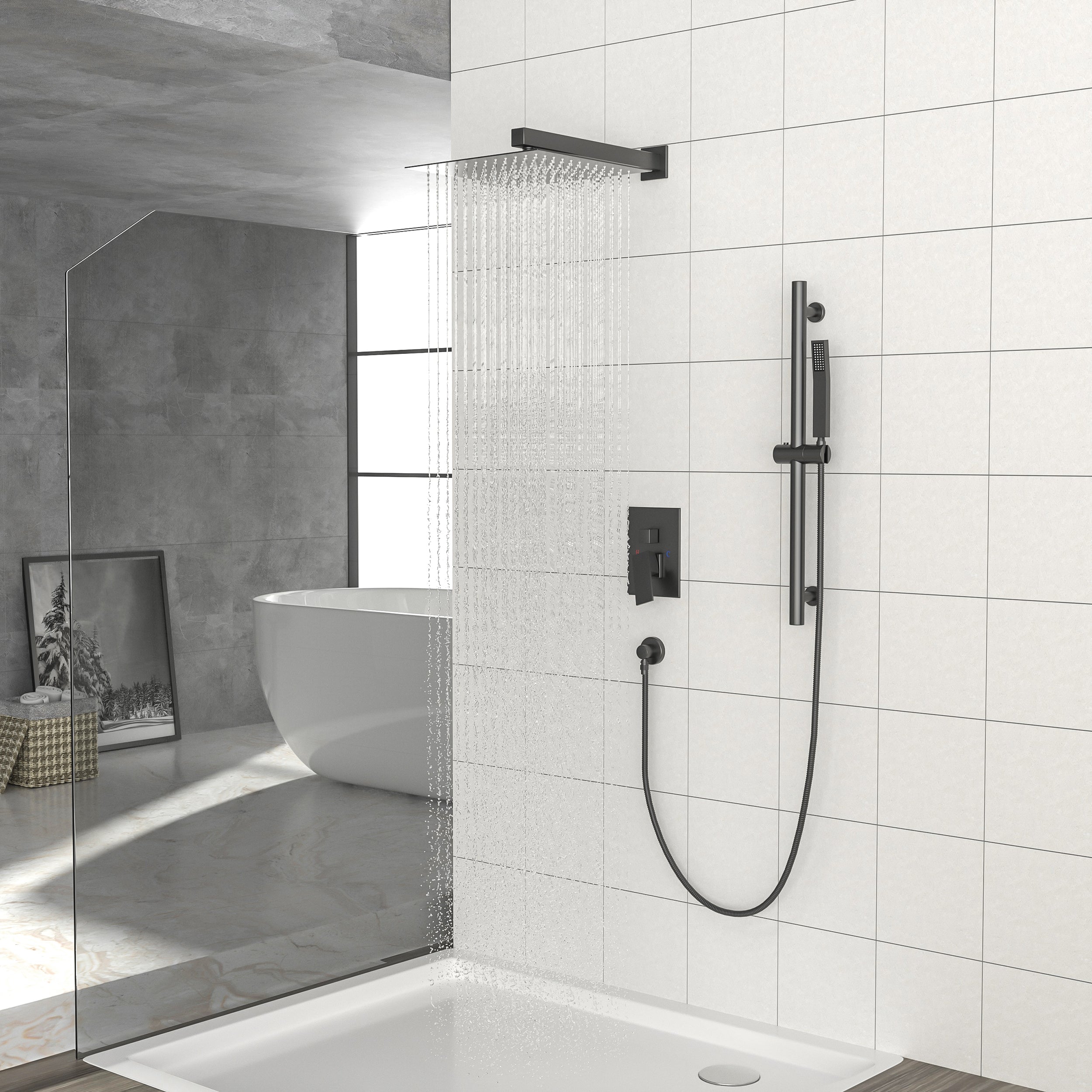 Lostcat Shower System with Adjustable Slide Bar,12 Inch Wall Mounted Square Shower System with Rough-in Valve,Matte black