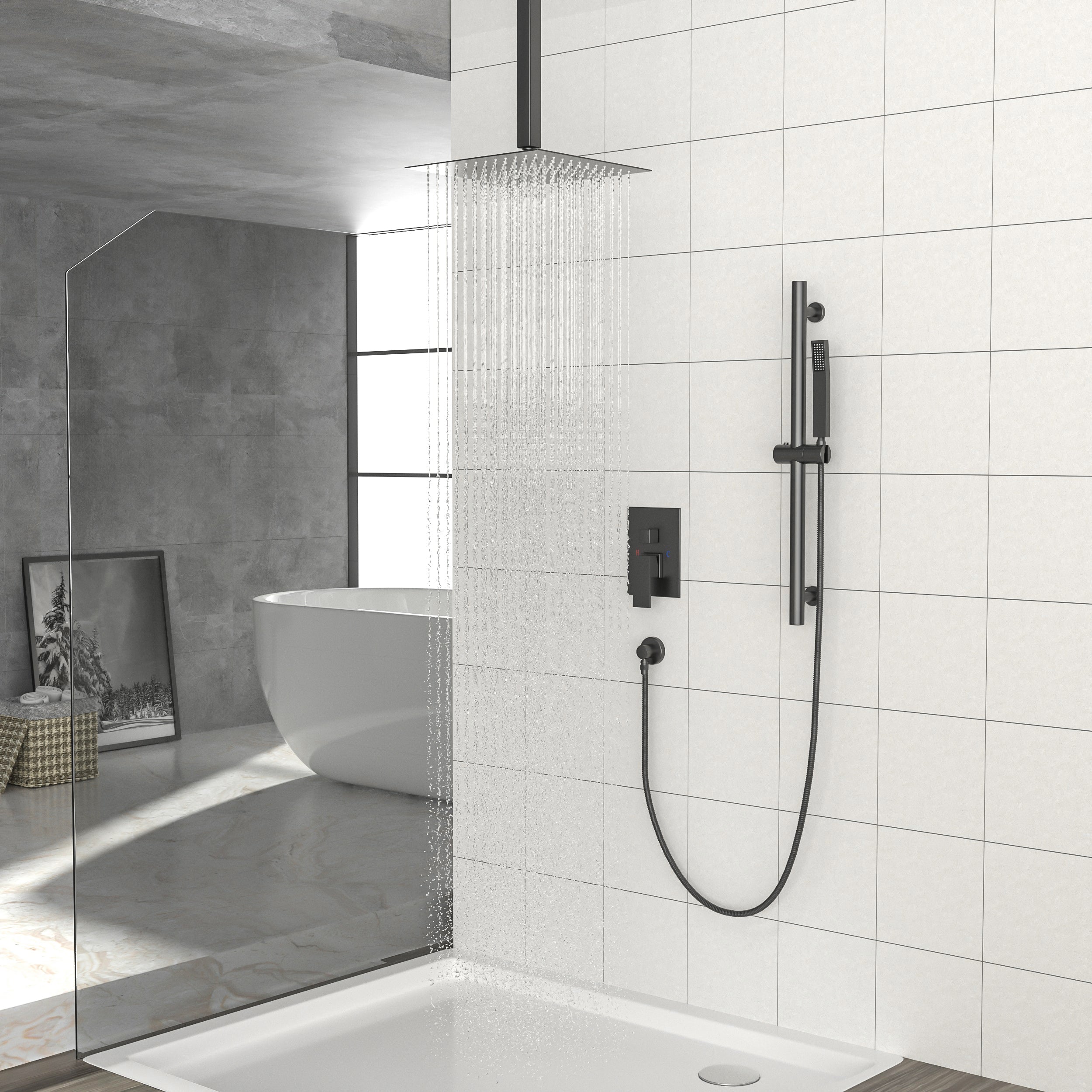 Lostcat Shower System with Adjustable Slide Bar,16 Inch Ceiling Mounted Square Shower System with Rough-in Valve,Matte black