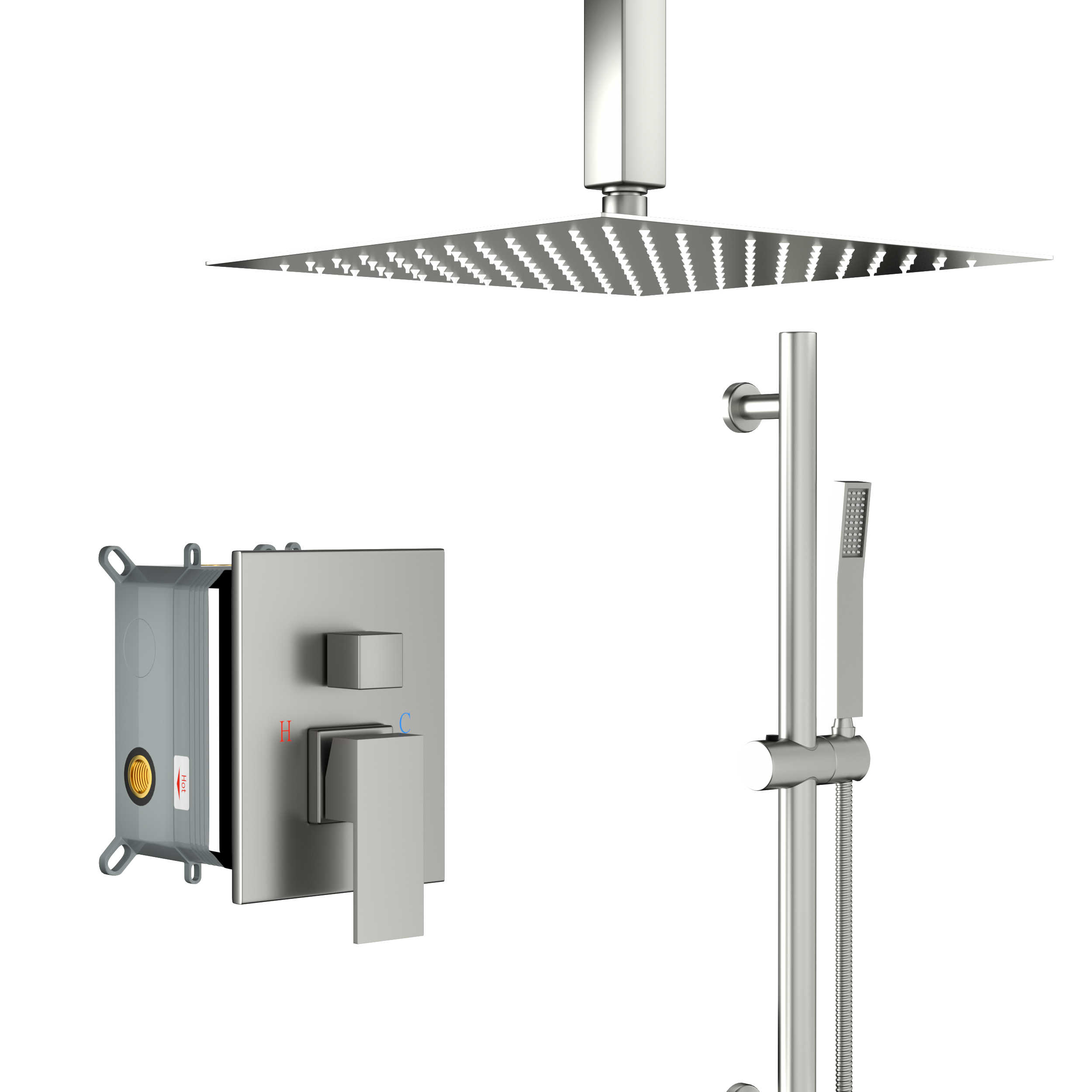 Lostcat Shower System with Adjustable Slide Bar,16 Inch Ceiling Mounted Square Shower System with Rough-in Valve, Brushed Nickel