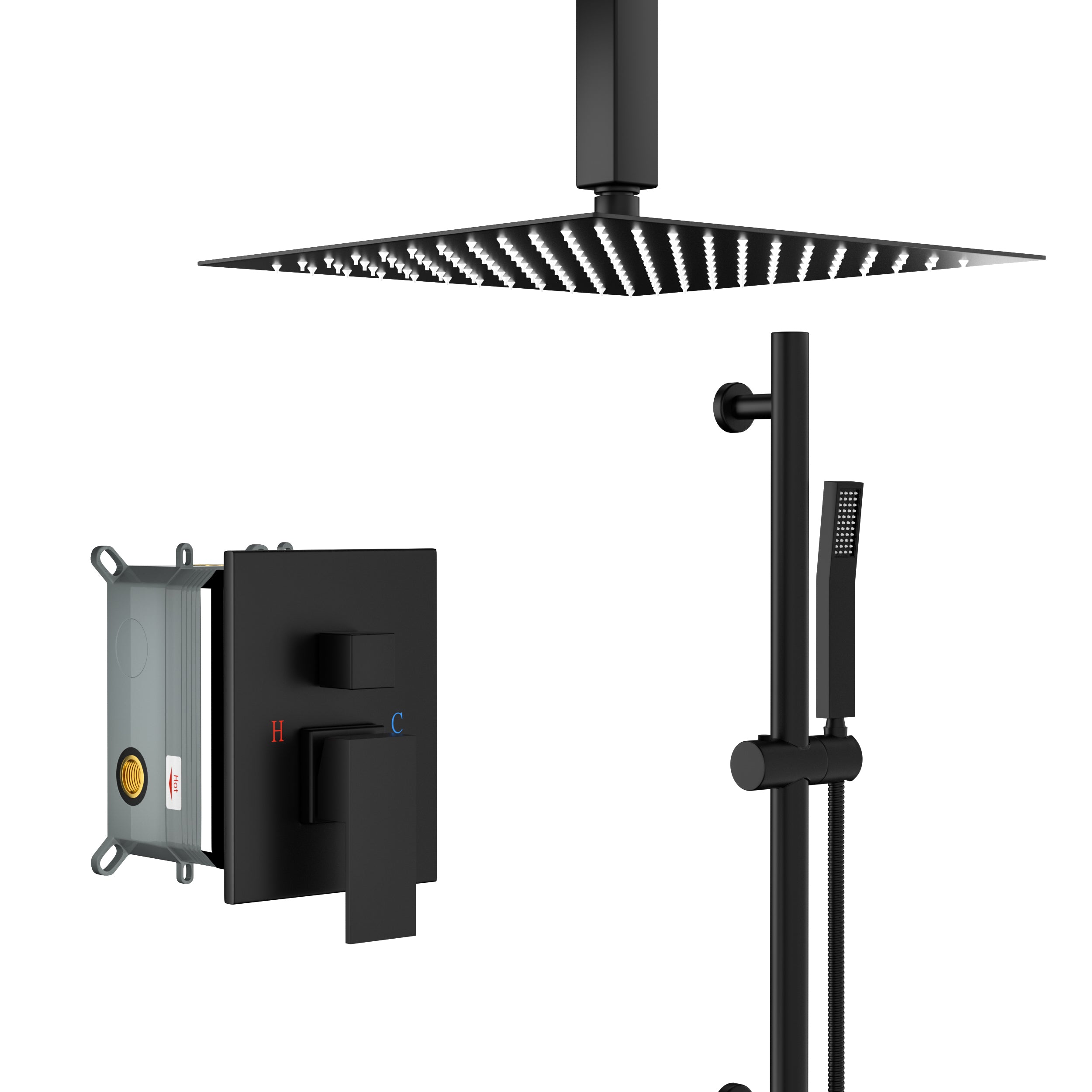 Lostcat Shower System with Adjustable Slide Bar,16 Inch Ceiling Mounted Square Shower System with Rough-in Valve,Matte black