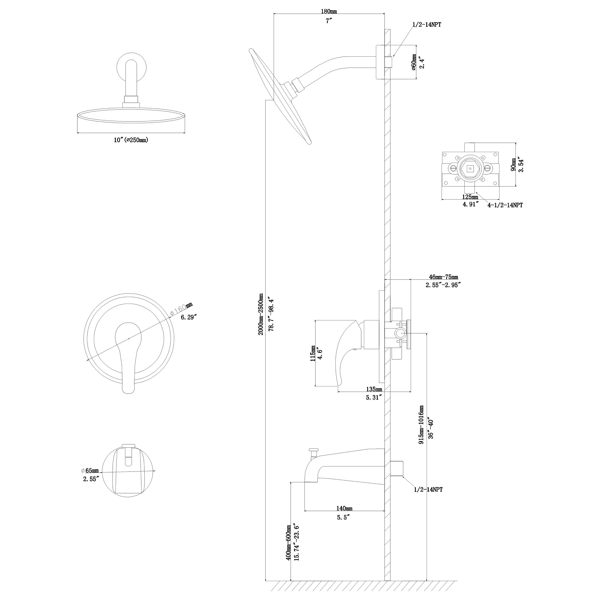 Lostcat 10" Round Rain Shower Head Systems with Waterfall Tub Spout, Matte black,Wall Mounted shower