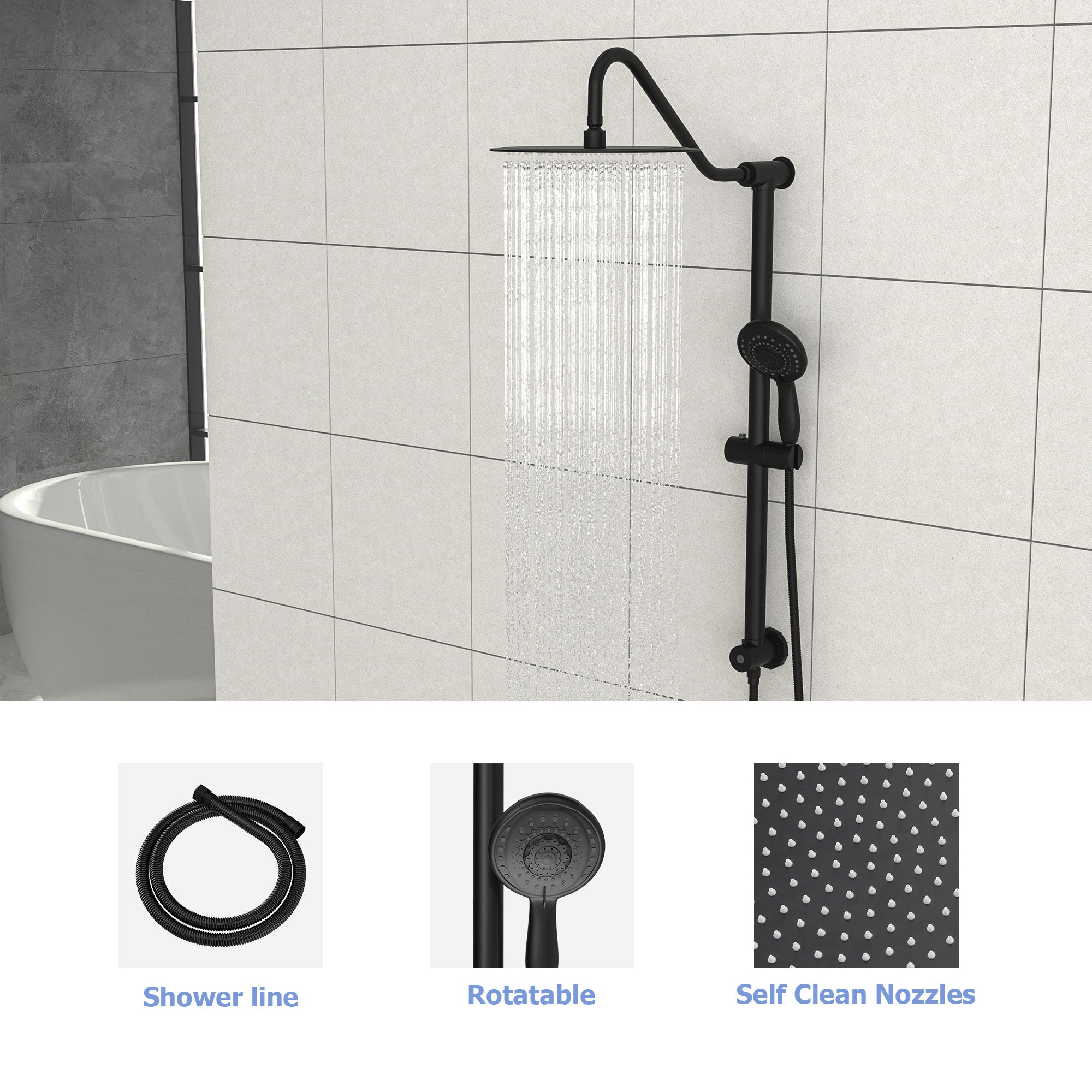 Lostcat 10 Inch Shower System with 5 Function Rain Hand Shower, 26.3" Slide Bar Shower Head Combo, Matte Black