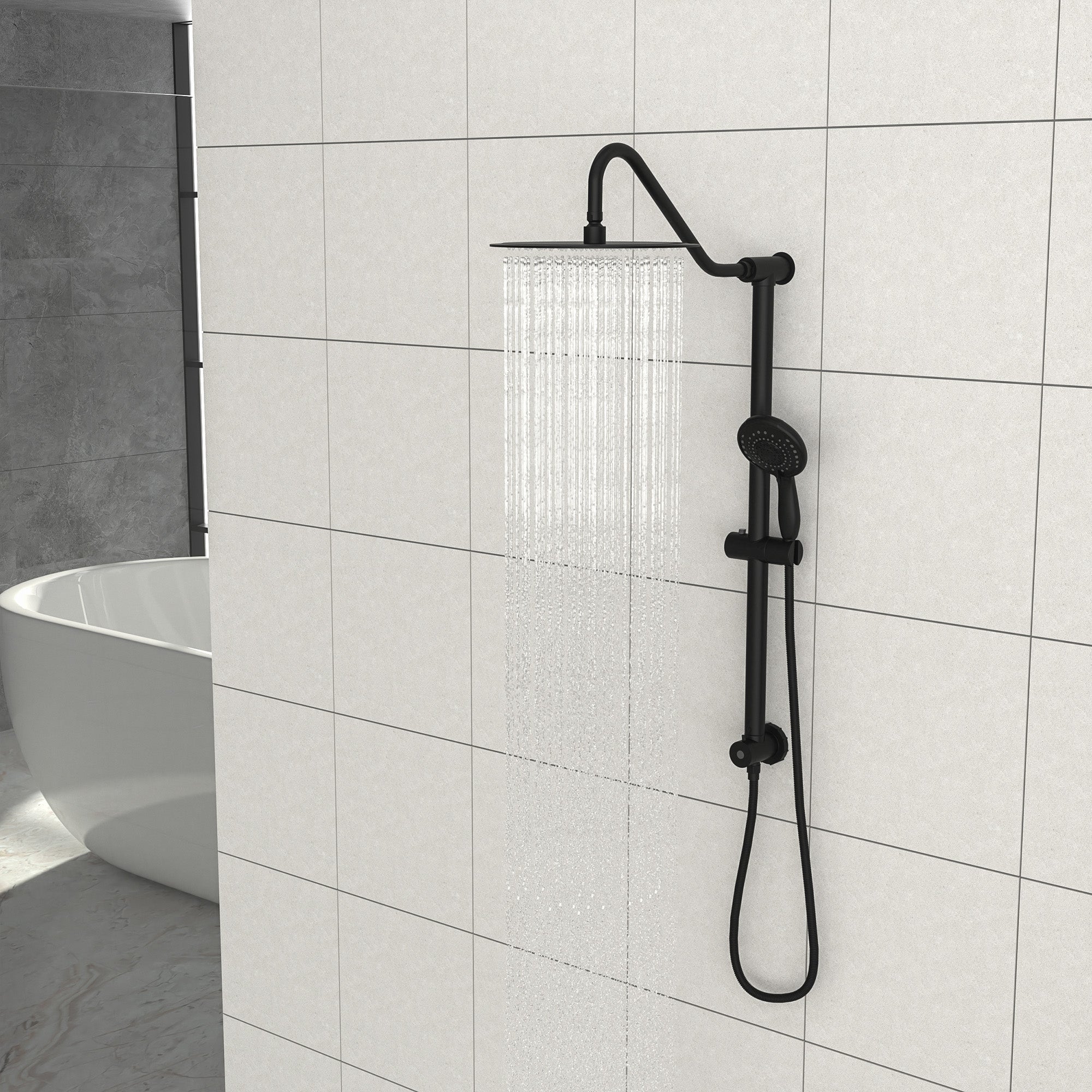 Lostcat 10 Inch Shower System with 5 Function Rain Hand Shower, 26.3" Slide Bar Shower Head Combo, Matte Black