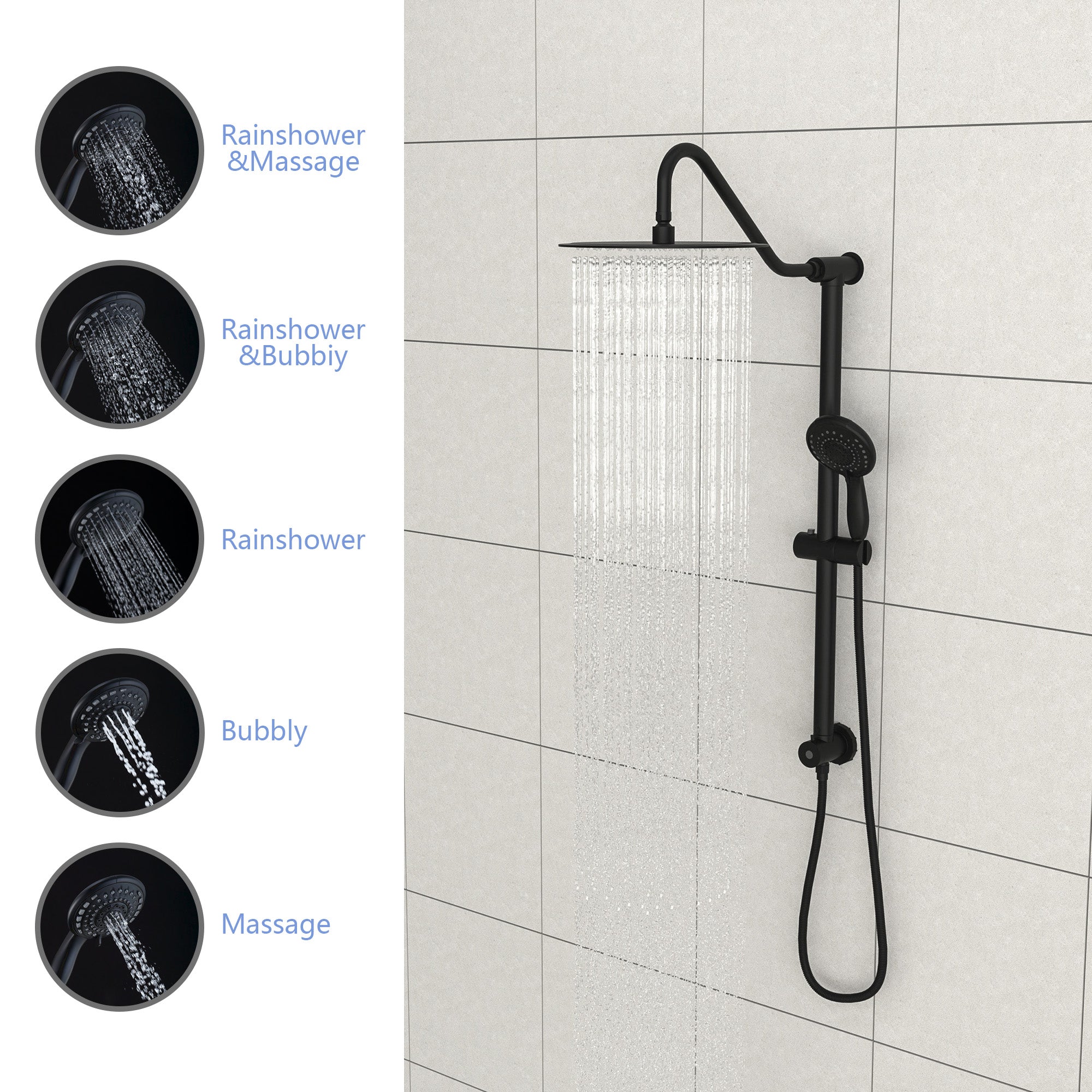 Lostcat 10 Inch Shower System with 5 Function Rain Hand Shower, 26.3" Slide Bar Shower Head Combo, Matte Black