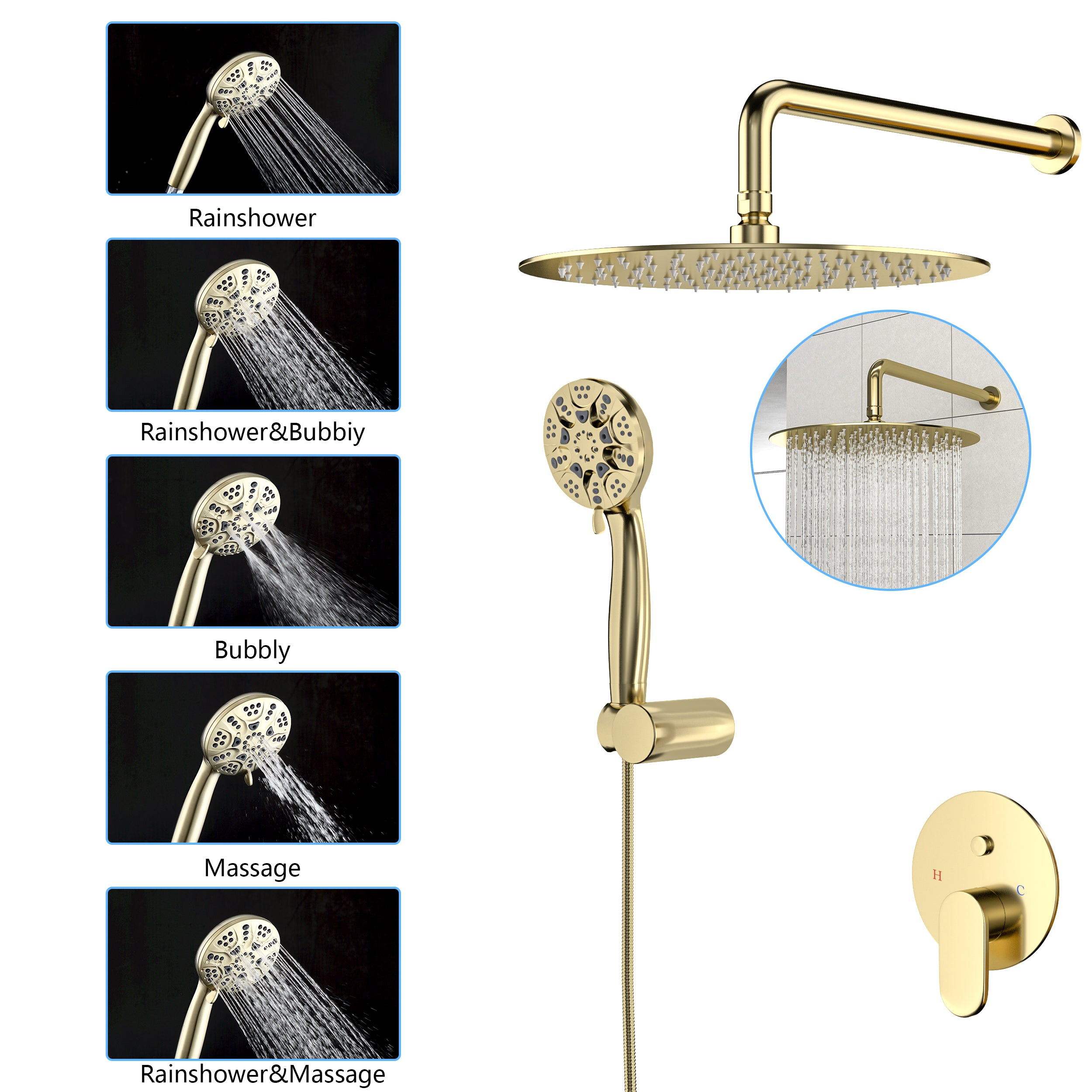 Lostcat 10" Rain Shower Head Systems, Dual Shower Heads, Gold,Wall Mounted shower