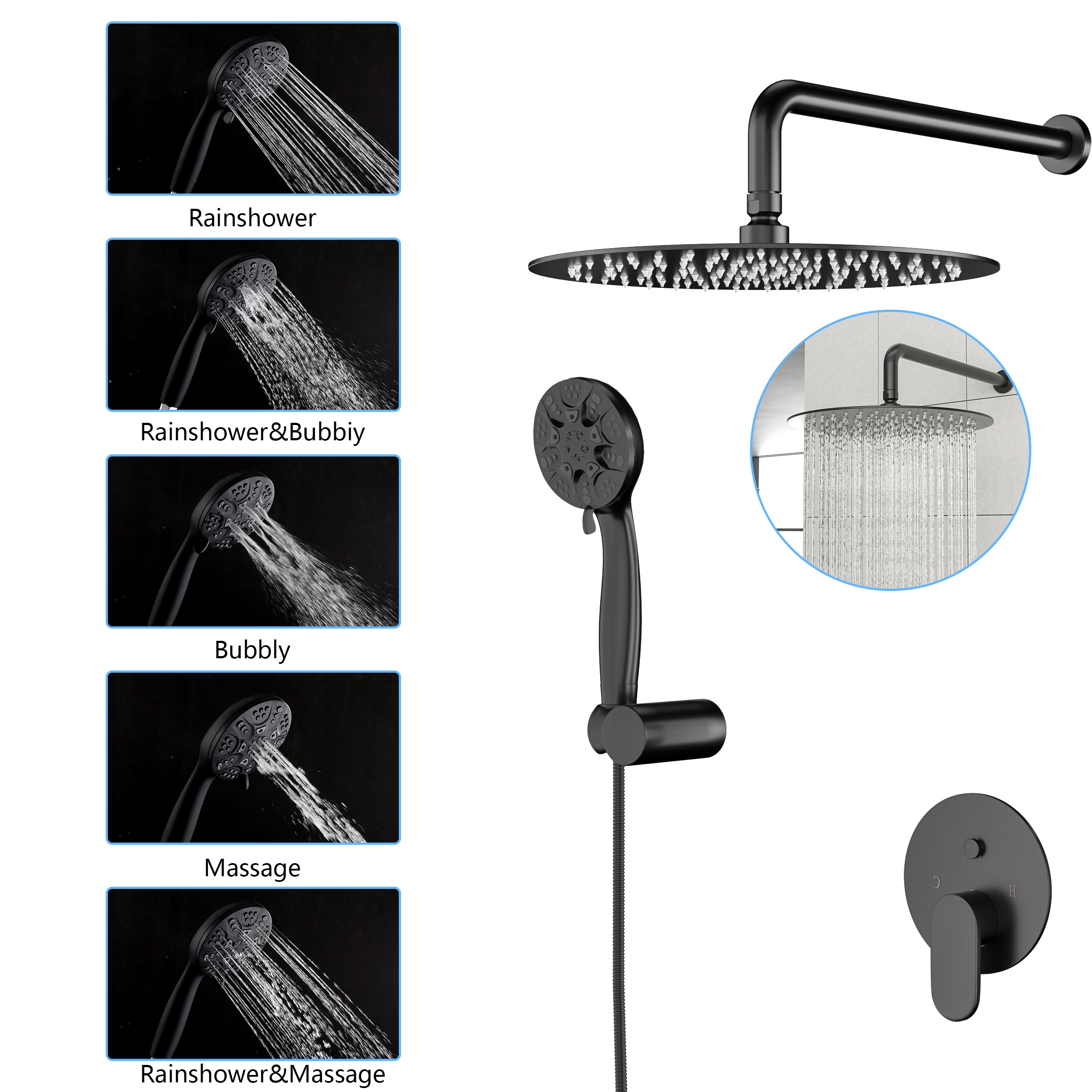 Lostcat 10" Rain Shower Head Systems, Dual Shower Heads, Matte black,Wall Mounted shower