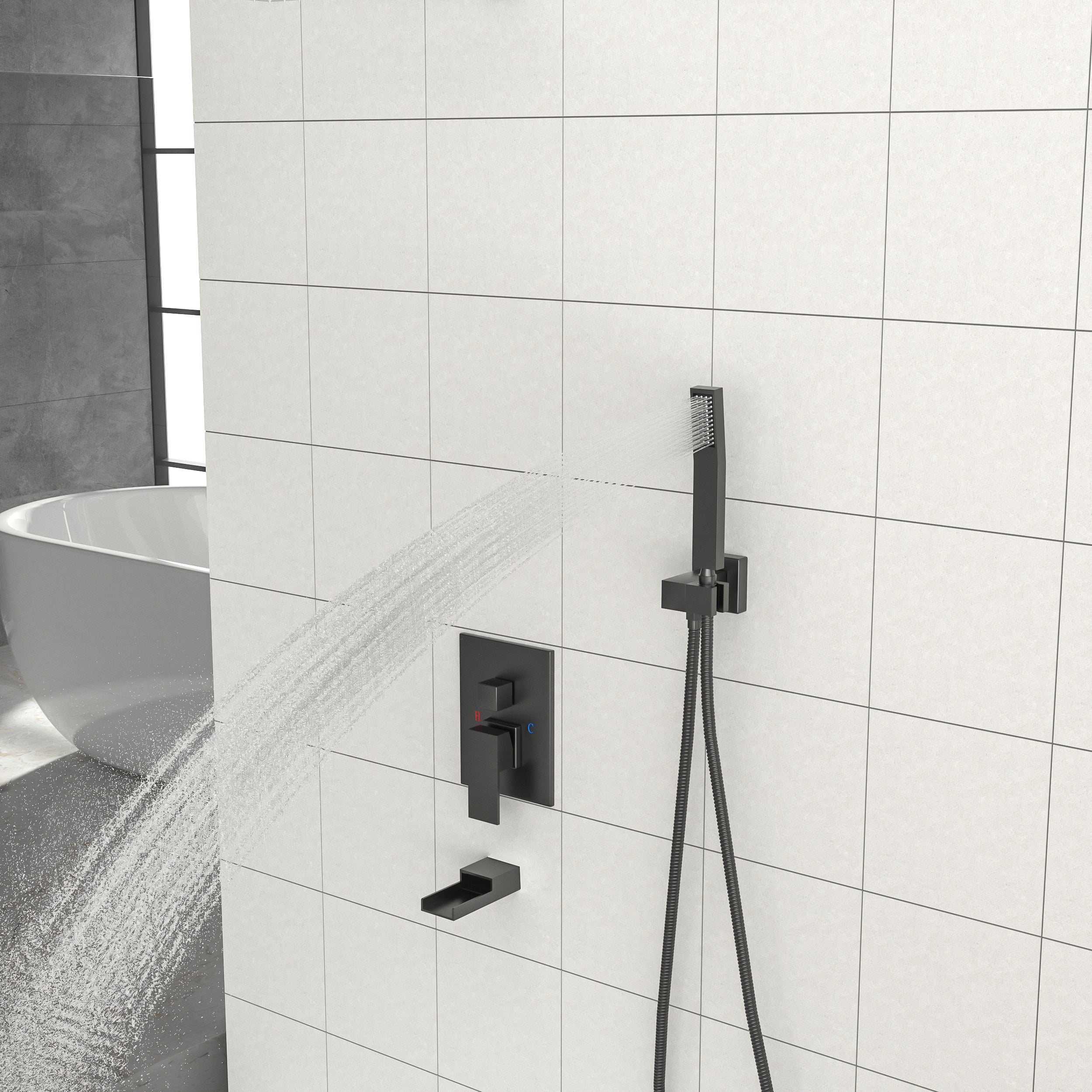 Lostcat Shower System with Waterfall Tub Spout,16 Inch Ceiling Mount Square Shower System with Rough-in Valve,Matte black