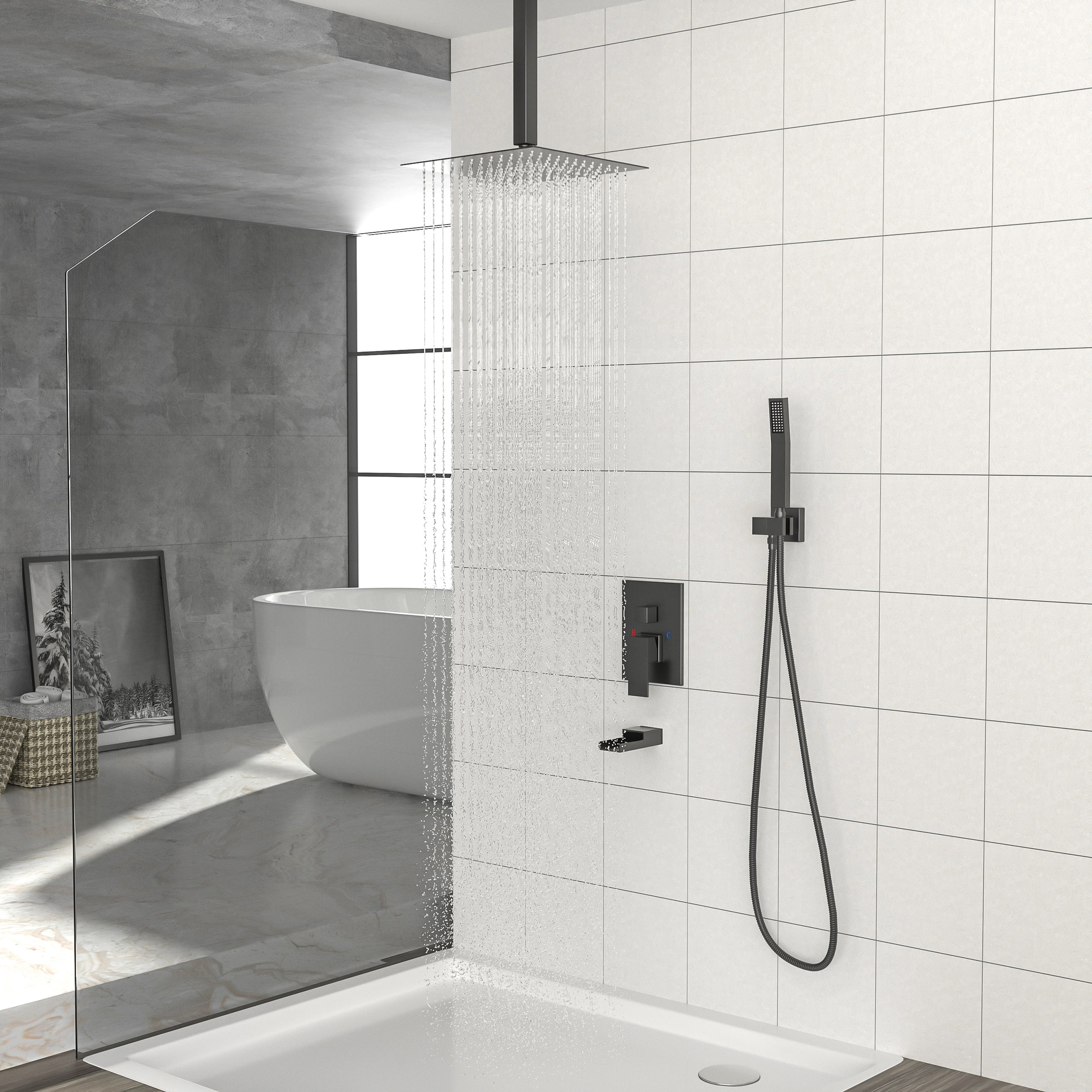 Lostcat Shower System with Waterfall Tub Spout,16 Inch Ceiling Mount Square Shower System with Rough-in Valve,Matte black