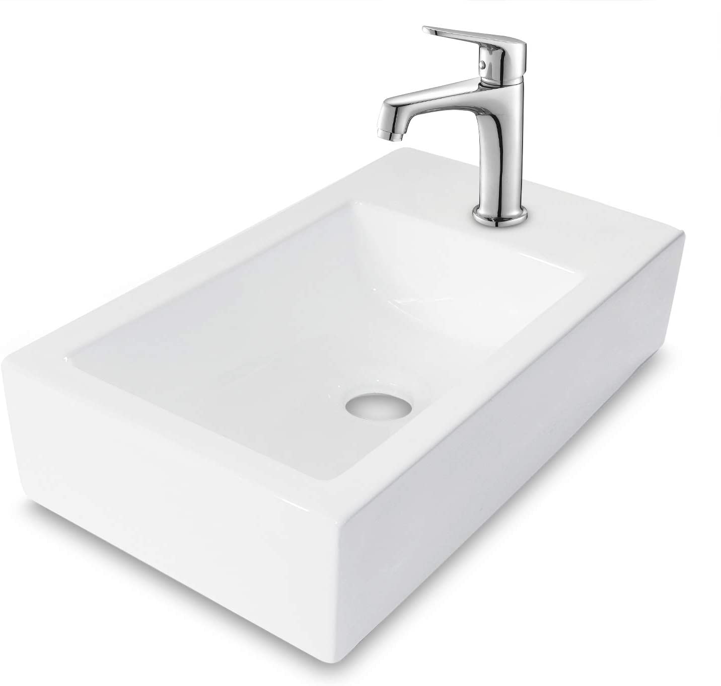 Lostcat 18x10 Inch White Ceramic Rectangle Wall Mount Bathroom Sink with Single Faucet Hole