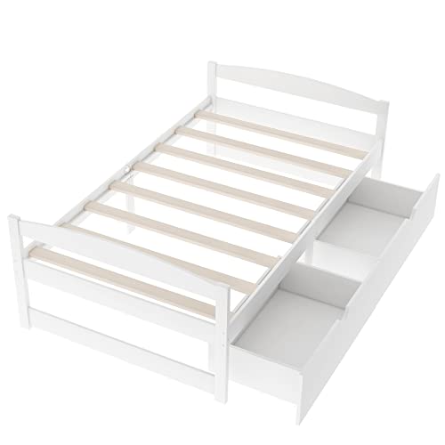 Lostcat Twin Bed with Storage,Twin Size Daybed with 2 Drawers,Wood Storage Bed Frame, Twin Size Platform Bed Frame with Storage,Solid Pinewood Bedframe with Drawers,No Box Spring Needed,White