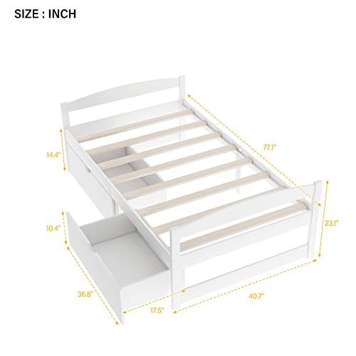 Lostcat Twin Bed with Storage,Twin Size Daybed with 2 Drawers,Wood Storage Bed Frame, Twin Size Platform Bed Frame with Storage,Solid Pinewood Bedframe with Drawers,No Box Spring Needed,White