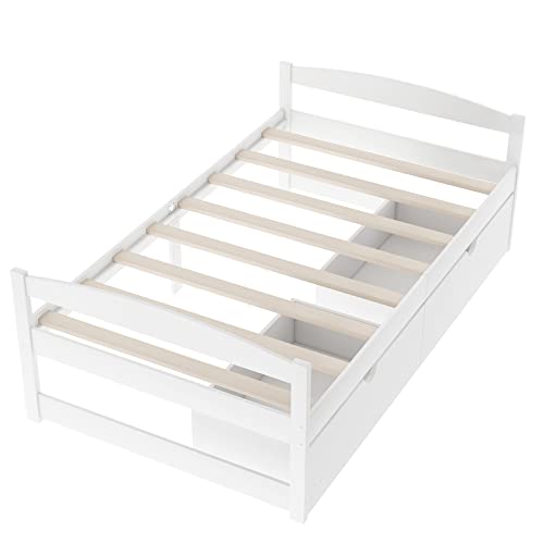 Lostcat Twin Bed with Storage,Twin Size Daybed with 2 Drawers,Wood Storage Bed Frame, Twin Size Platform Bed Frame with Storage,Solid Pinewood Bedframe with Drawers,No Box Spring Needed,White