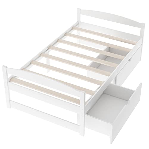 Lostcat Twin Bed with Storage,Twin Size Daybed with 2 Drawers,Wood Storage Bed Frame, Twin Size Platform Bed Frame with Storage,Solid Pinewood Bedframe with Drawers,No Box Spring Needed,White