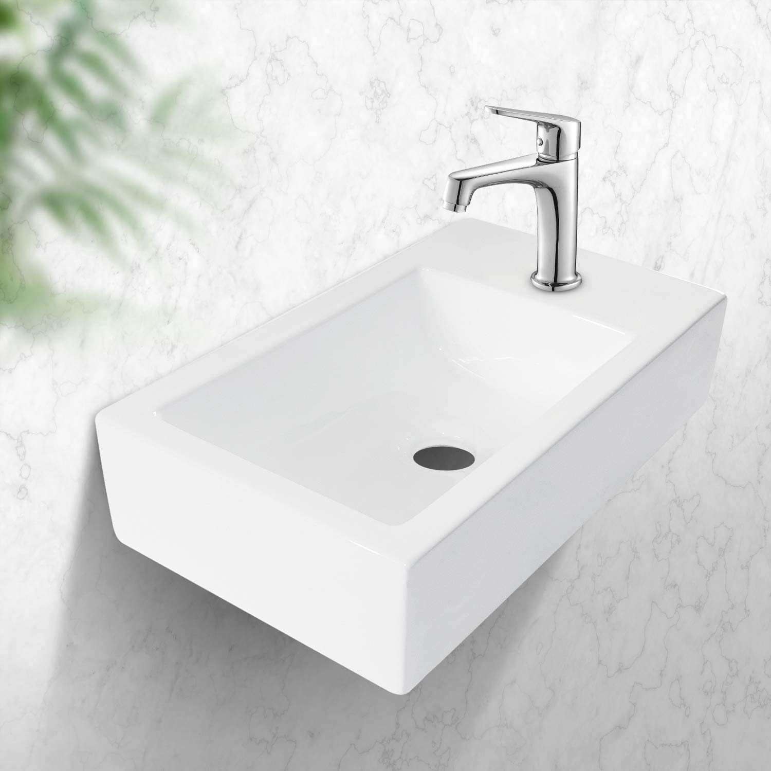 Lostcat 18x10 Inch White Ceramic Rectangle Wall Mount Bathroom Sink with Single Faucet Hole