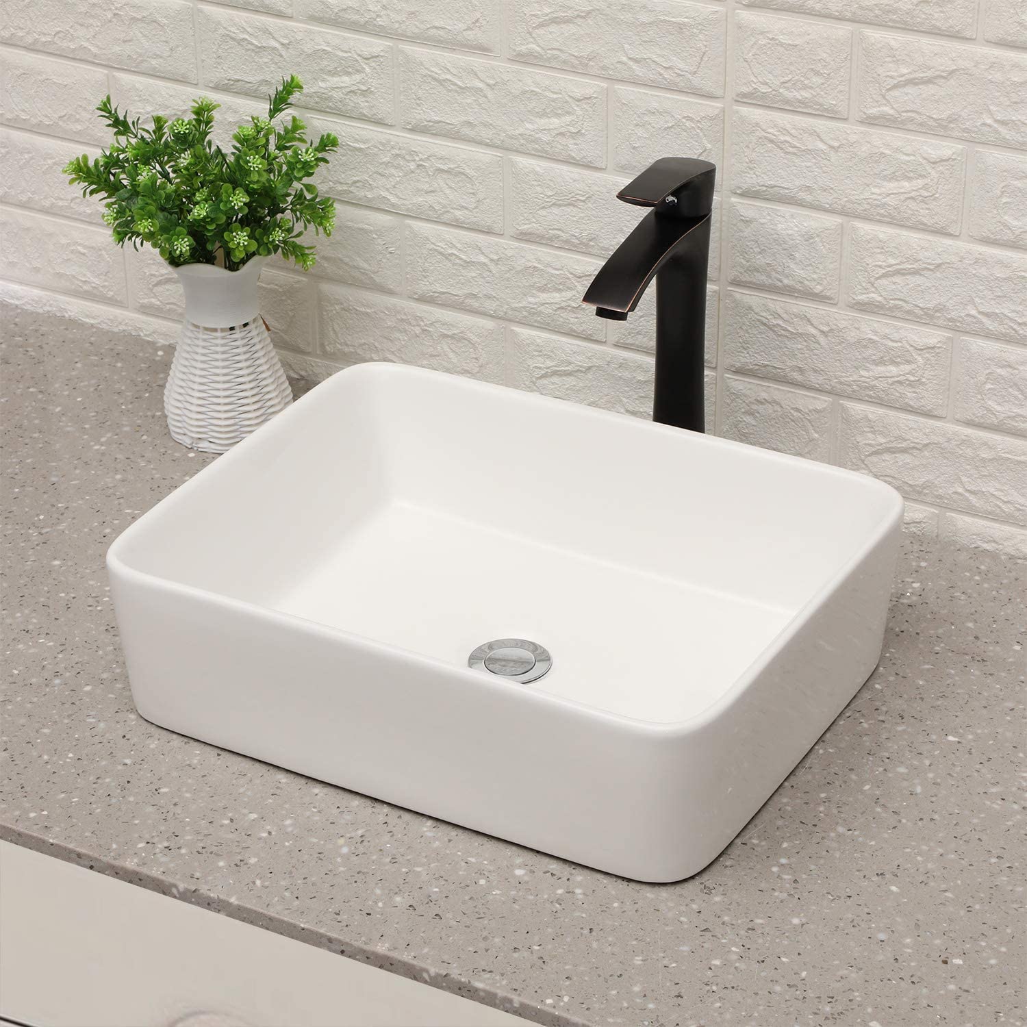 Lostcat 19"x15" Rectangle Bathroom Sink and Faucet Combo Modern Above White Porcelain Ceramic Vessel Vanity Sink Art Basin& Oil Rubber Bronze Single Lever Faucet Combo