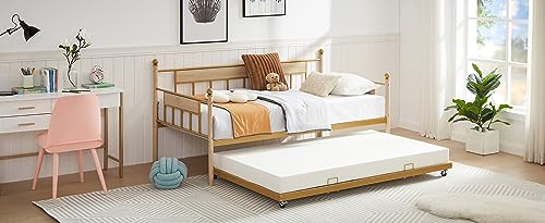 Lostcat Twin Size Daybed with Trundle Bed, Sofa Bed Metal Framed for Kids Teens Adults, Multifunctional Daybed with Pullout Trundle for Window Living Room, No Box Spring Needed, Space Saving, Golden