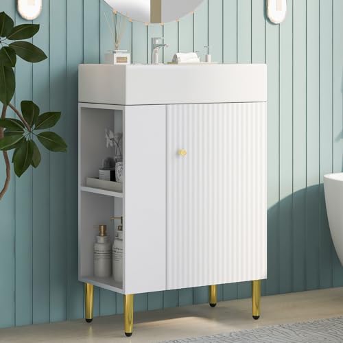 Lostcat Bathroom Vanity with Sink,Open Storage on Left Side and Ceramic Sink,Combo Cabinet,Easy Assembly and Clean,for Small Spaces(34inch Hight)