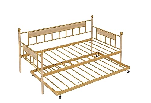 Lostcat Twin Size Daybed with Trundle Bed, Sofa Bed Metal Framed for Kids Teens Adults, Multifunctional Daybed with Pullout Trundle for Window Living Room, No Box Spring Needed, Space Saving, Golden