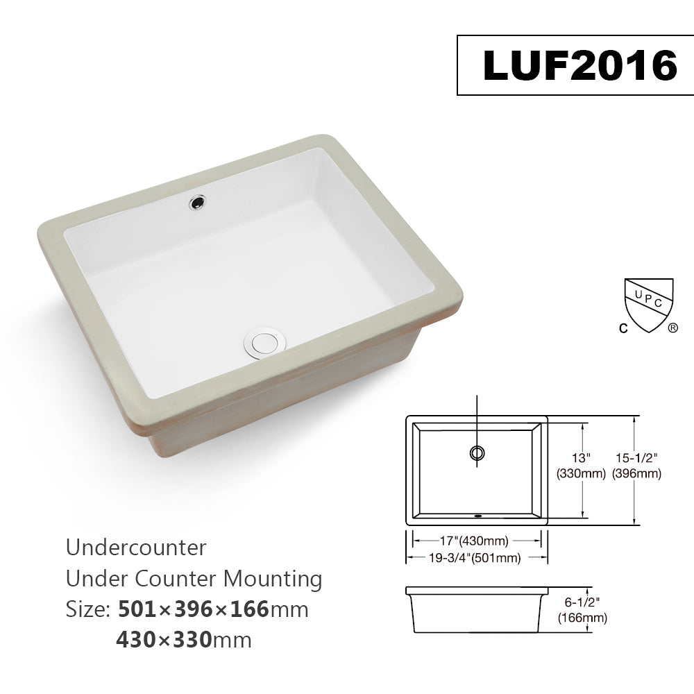 Lostcat 20"x15.5" White Ceramic Rectangular Undermount Bathroom Sink with Overflow