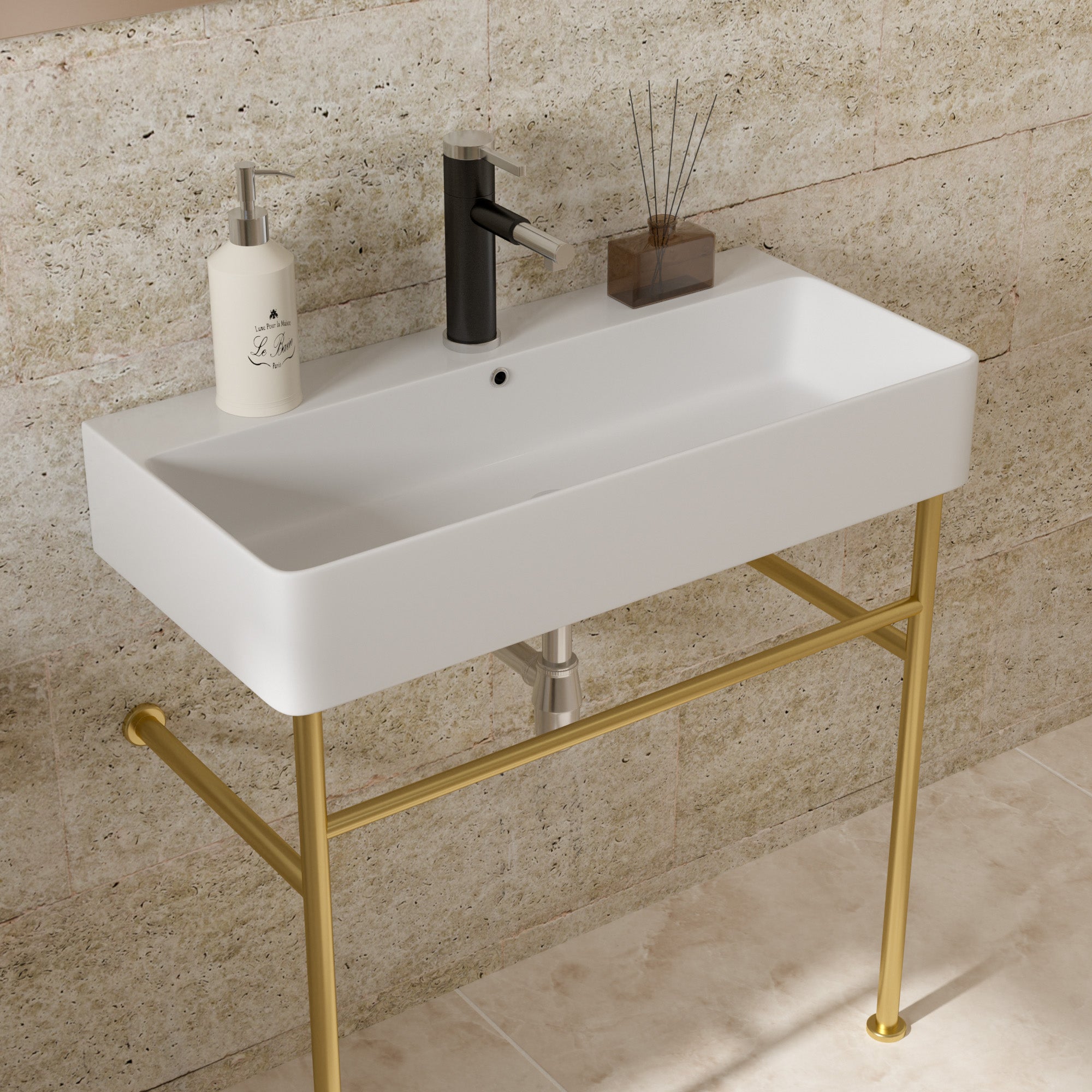 Lostcat 35" Bathroom Console Sink with Overflow,Ceramic Console Sink White Basin Gold Legs