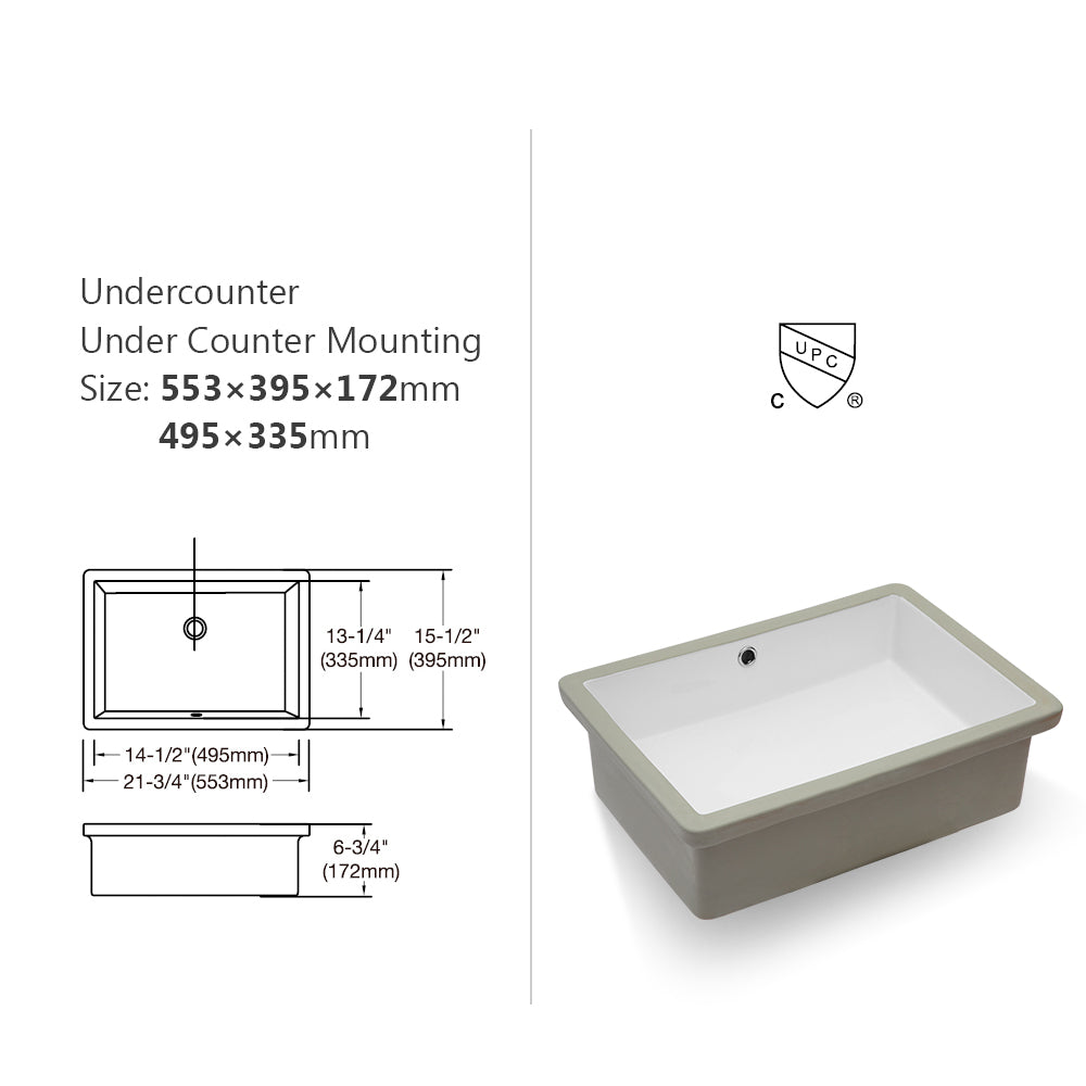 Lostcat 22"x15.5" White Ceramic Rectangular Undermount Bathroom Sink with Overflow