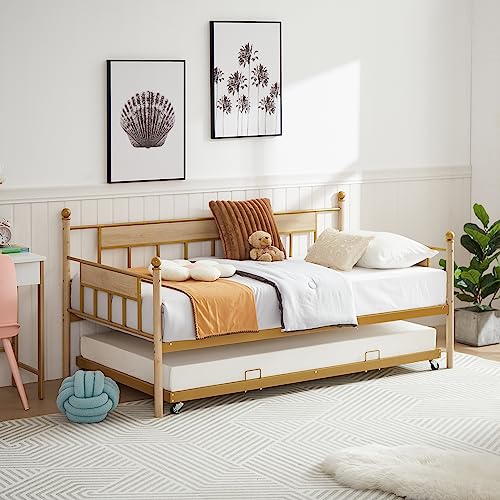 Lostcat Twin Size Daybed with Trundle Bed, Sofa Bed Metal Framed for Kids Teens Adults, Multifunctional Daybed with Pullout Trundle for Window Living Room, No Box Spring Needed, Space Saving, Golden