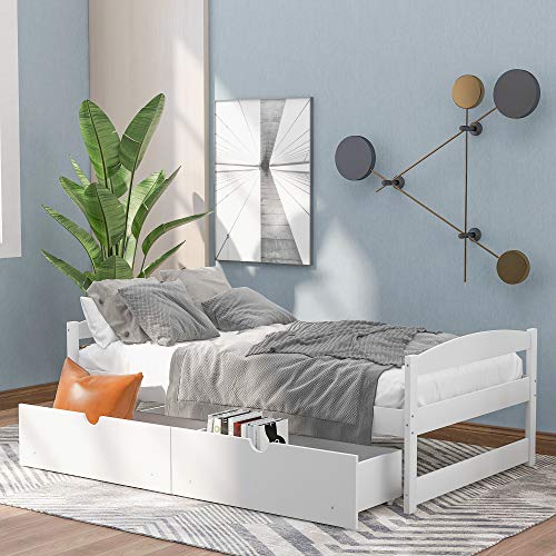 Lostcat Twin Bed with Storage,Twin Size Daybed with 2 Drawers,Wood Storage Bed Frame, Twin Size Platform Bed Frame with Storage,Solid Pinewood Bedframe with Drawers,No Box Spring Needed,White