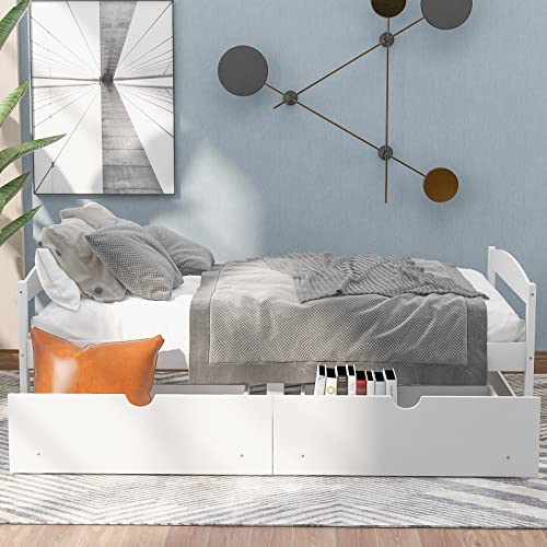 Lostcat Twin Bed with Storage,Twin Size Daybed with 2 Drawers,Wood Storage Bed Frame, Twin Size Platform Bed Frame with Storage,Solid Pinewood Bedframe with Drawers,No Box Spring Needed,White